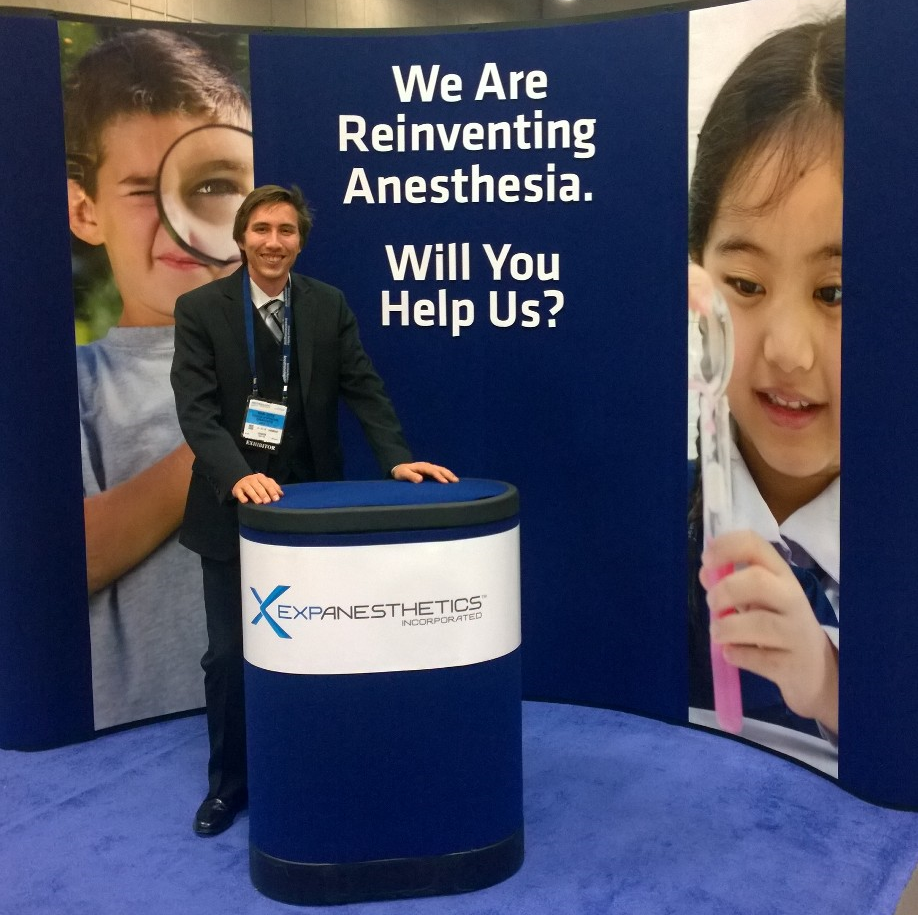 UC Davis alumnus Shane Austin, chief operating officer for Expanesthetics, presents at the American Society of Anesthesiologists meeting in San Diego, California.