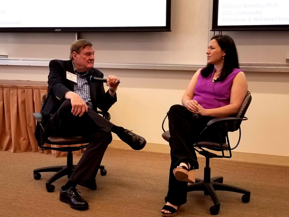 Venture capitalist and Professor Jack Gill interviews Brittany Barreto, co-founder and CEO of Pheramor: integrity is essential to succeed as an entrepreneur. (photo: Brad Burke)