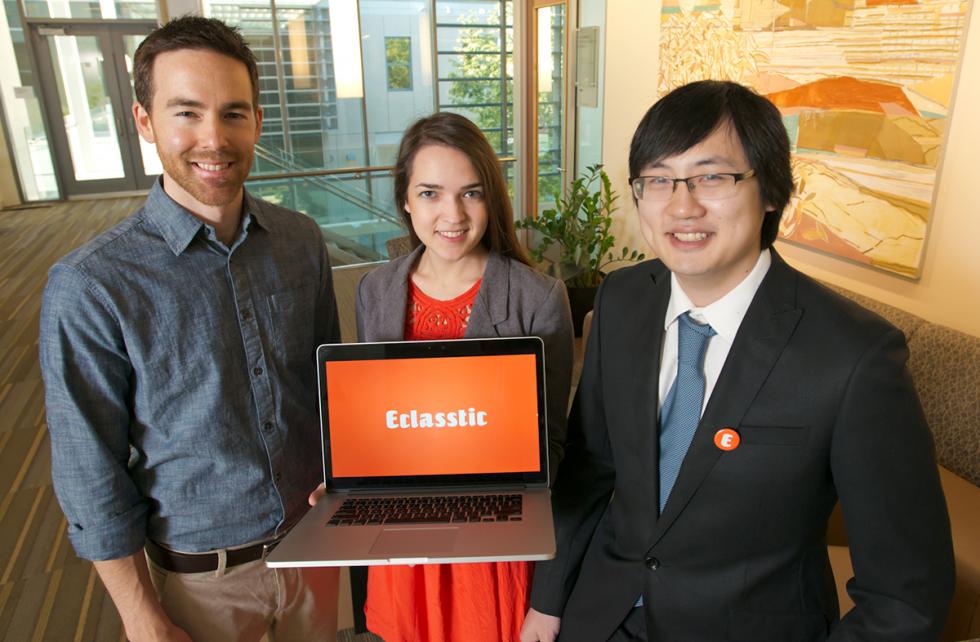 Eclasstic: (from left) Matthew Vendryes, English instructor, UC Davis Extension; Danielle Saunders, California State University, Sacramento undergraduate business administration student; Ruoan Ji, MS '16, computer science