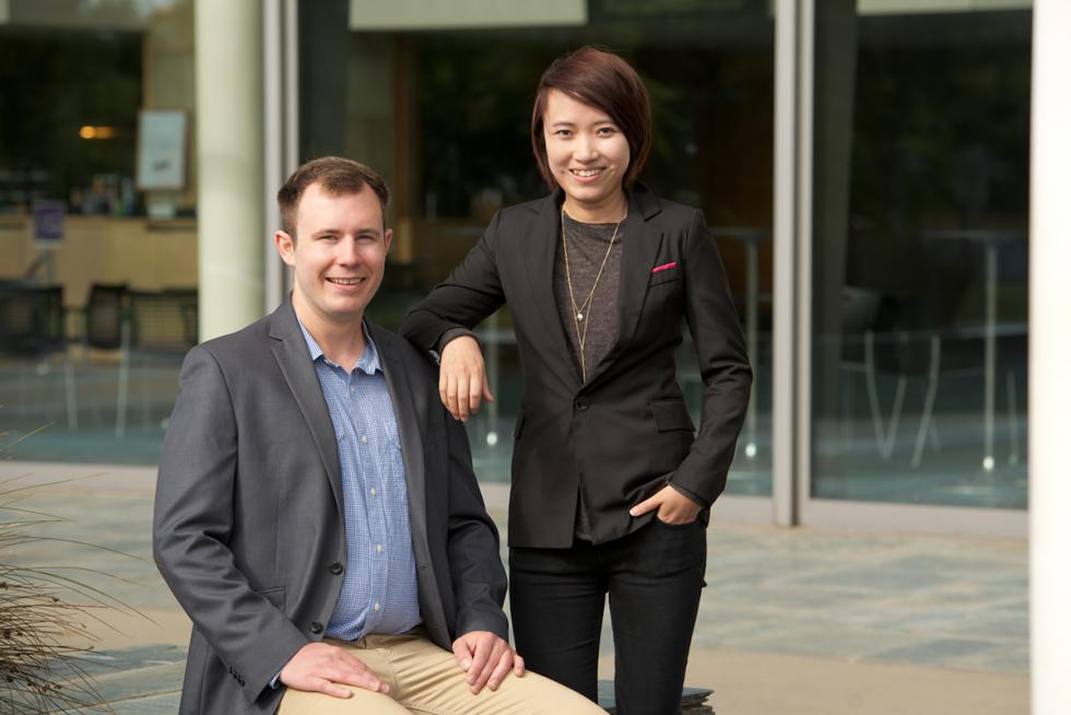 ImmunoTag took the $15,000 Second Prize for its biomedical innovation that prepares efficient antibody drug conjugates. Pictured: Dustin Heeney, second-year Ph.D. student in microbiology and a member of the Marco Lab in the Robert Mondavi Institute for Food and Wine; Samantha Feng, Ph. D. candidate, pharmacology and toxicology. Both are Keller Pathway Fellows at the UC Davis Child Family Institute for Innovation and Entrepreneurship.