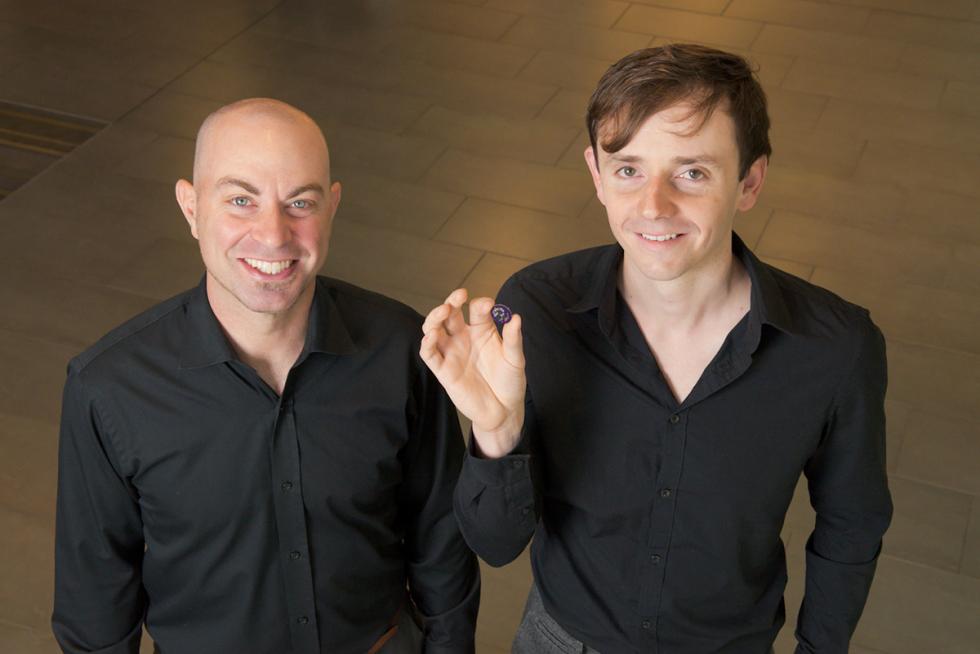 PlayPatch won both first prize and the People's Choice award in the 2016 UC Davis Big Bang! Business Competition. UC Davis MBA student Chuck Temple (left) and team lead Justin Klein, a Ph.D. candidate in biomedical engineering and a Business Development Fellow at the Child Family Institute for Innovation and Entrepreneurship, show their wearable birth control device.