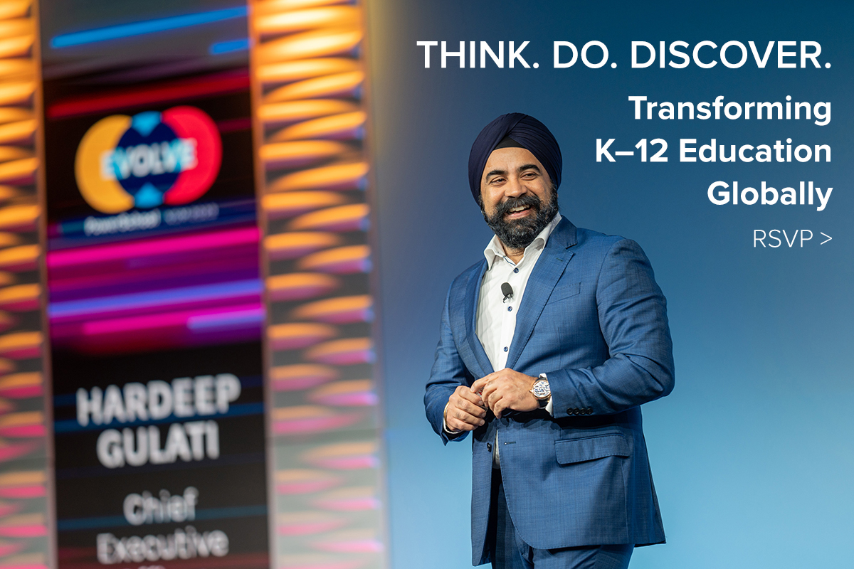 photo of a man on a stage with banner and text: Think. Do. Discover.: Transforming K–12 Education Globally RSVP>