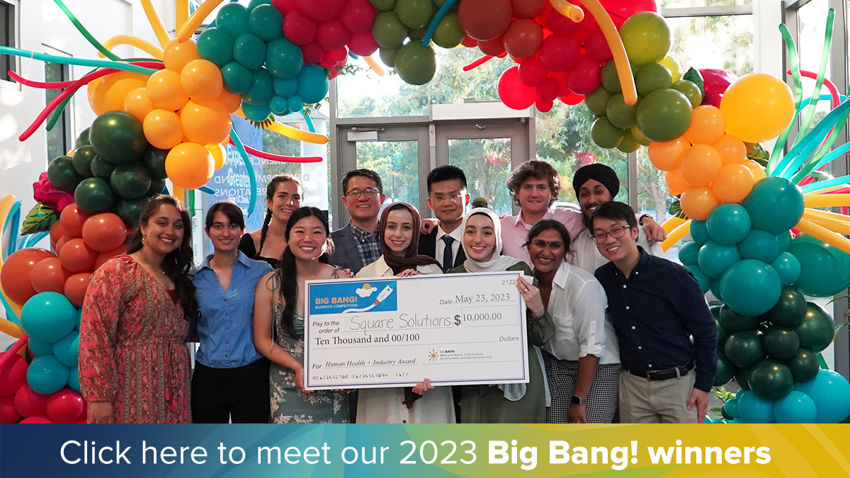 group of 10 undergraduates with a huge check, colorful balloons around them. Text in colorblind reads: Click here to meet our 2023 Big Bang! winners