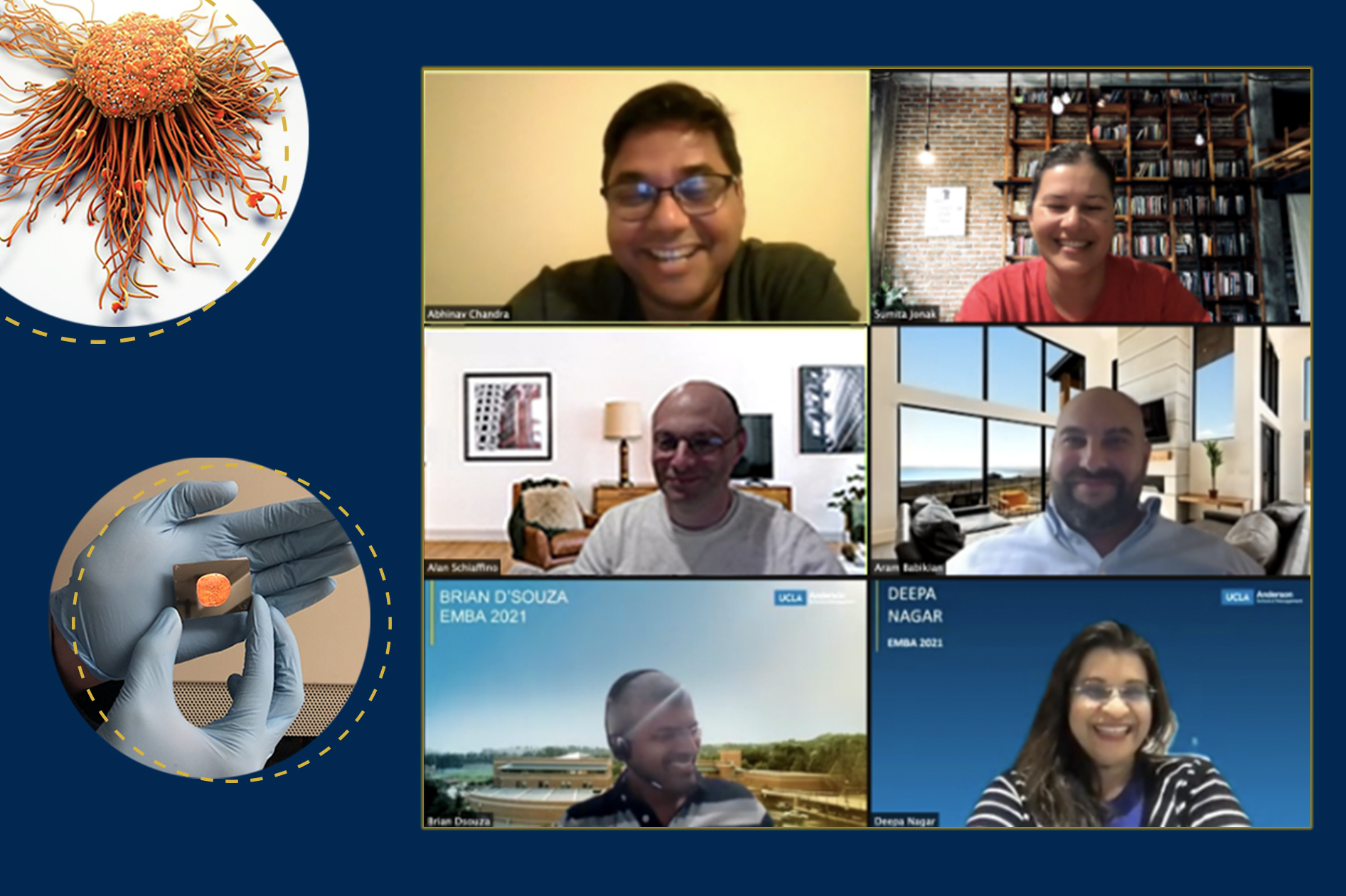 image of team on zoom with 6 different team video images with visual of cancer cell and nanochip