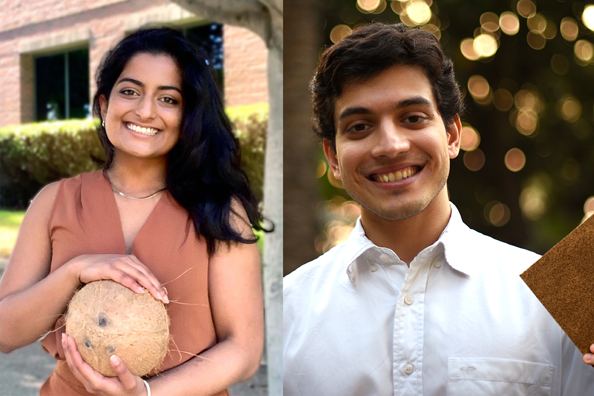 Headshots of young woman and young man holding coconuts