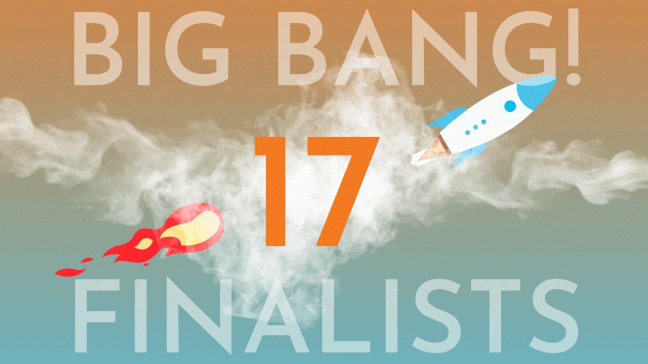 composite illustration with a rocket ship breaking through clouds and text: Big Bang! 17 Finalists
