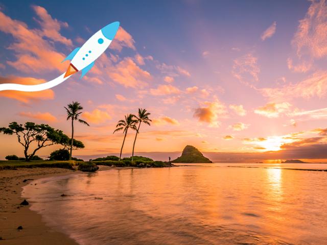 photo of a Florida sunset with illustration of a rocket ship