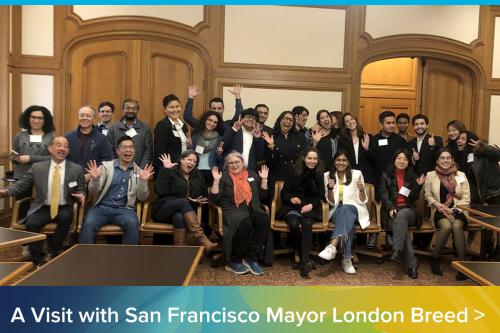 photo of group of students meeting with SF Mayor London Breed w/text