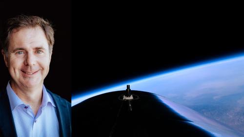 composite image of view from Virgin Galactic tailcone plus headshot of a male executive