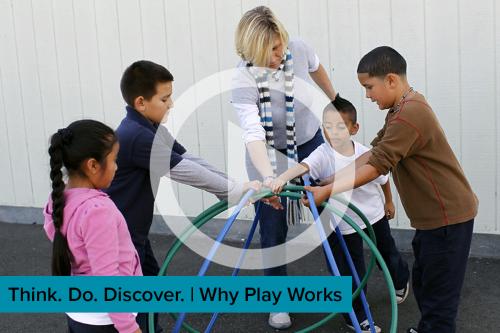 image of person playing with kids on playground and video play symbol