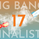 composite illustration with a rocket ship breaking through clouds and text: Big Bang! 17 Finalists