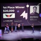 photo of winners of student entrepreneurs pitch competition on a stage