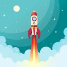 illustration of a rocket ship lifting off with clouds, stars in the sky