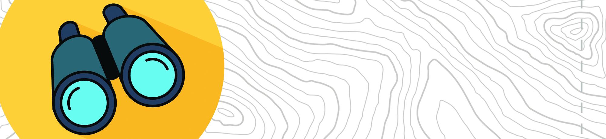 image of topography map background and binoculars on a yellow circle